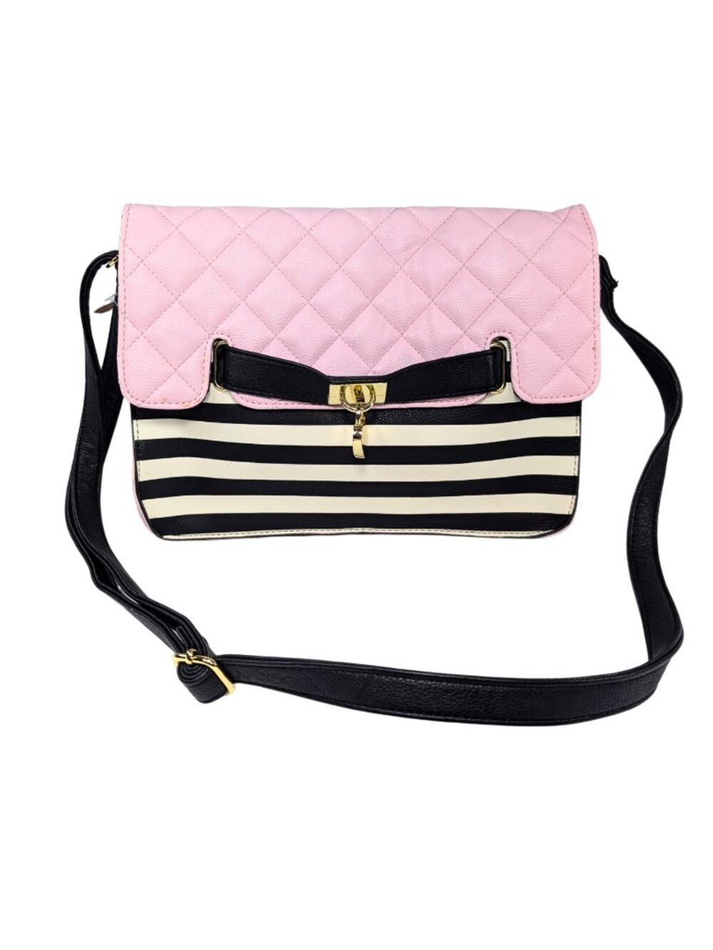 Luv Betsey Johnson Black White Stripe Pink Quilted Faux Leather Flap Crossbody
